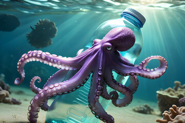 An octopus holding a plastic bottle