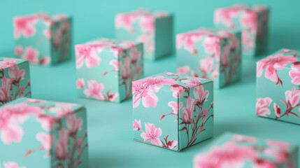 Fototapeta na wymiar A collection of small packing boxes wrapped in elegant pink and aqua paper, set against a serene aqua background, ready to bring joy to their recipients upon delivery