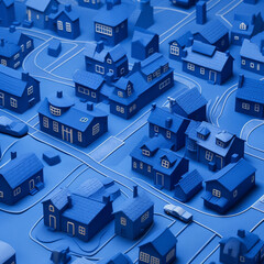 Fototapeta premium Looking down from above at the roads and houses of a suburban neighborhood made from blue modelling clay.