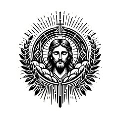 A graphic design of a jesus christ with a cross and crown image realistic harmony card design illustrator.