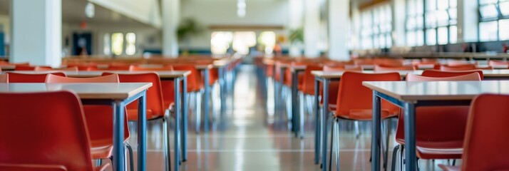 A wide-angle shot of an empty school cafeteria with bright red chairs, evoking a sense of quiet and orderly space