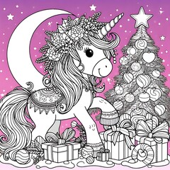 A coloring page of a unicorn with a christmas tree and presents image photo has illustrative meaning card design illustrator.