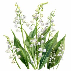 Fototapeta premium A beautiful watercolor painting of lily of the valley flowers. The delicate white blooms are accented with bright green leaves.