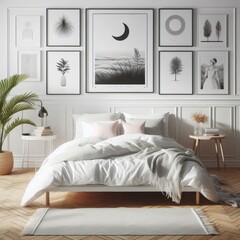 Bedroom sets have template mockup poster empty white with Bedroom interior and art on the wall image art photo has illustrative meaning.
