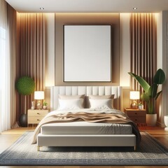 Bedroom sets have template mockup poster empty white with Bedroom interior and plants image art photo attractive.