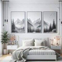 Bedroom sets have template mockup poster empty white with Bedroom interior and three pictures on the wall art photo attractive harmony.