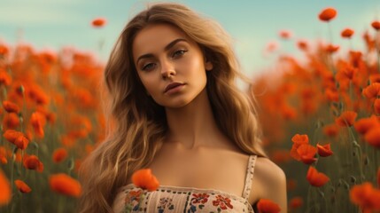Naklejka premium beautiful girl standing in the middle of a field of red poppies wearing a blue dress with thin straps