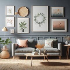 A living room with a template mockup poster empty white and with a couch and pictures on the wall art realistic photo.