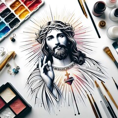 A drawing of a jesus christ with a crown of thorns on a white surface with paint brushes and a palette of colors image realistic harmony has illustrative meaning illustrator.