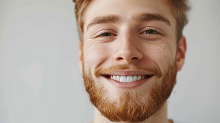 Fototapeta premium Close up portrait of a young man wearing teeth whitening strips against a light gray background