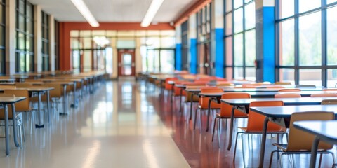 A vacant school cafeteria with orderly rows of seating and tables represents education and community spaces
