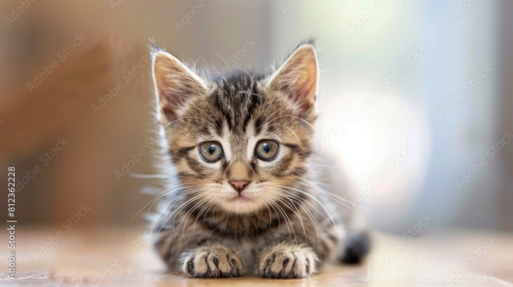 Poster An adorable striped kitten on a tabletop