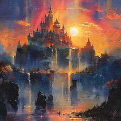 Capture the essence of a majestic fantasy world with towering castles, lush forests, and mythical creatures in vibrant watercolor strokes