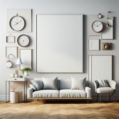A Room with a template mockup poster empty white and with a couch and clocks image realistic photo attractive.