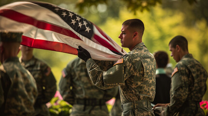 A military honor guard performing a flag-folding ceremony at a Memorial Day service, paying tribute to the sacrifice and service of fallen soldiers with precision and dignity