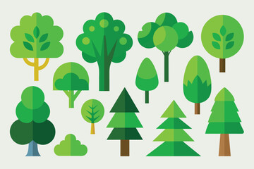 Set of trees for summer nature. Park and forest with green leaves. Plants of different shapes. Cartoon flat illustration