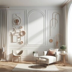 A Room with a template mockup poster empty white and with a white couch and chairs art realistic lively has illustrative meaning.