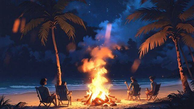 campfire at sunset in beach looping video