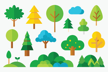 Set of trees for summer nature. Park and forest with green leaves. Plants of different shapes. Cartoon flat illustration