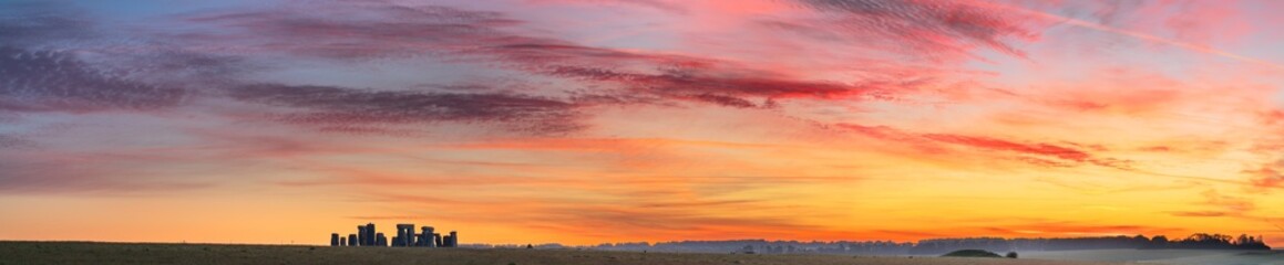 Panoramic sunrise view of Stonehenge in England. United Kingdom 