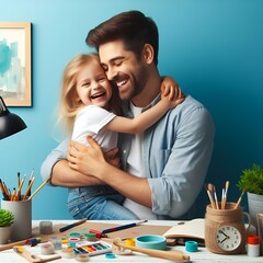 Happy Fathers Day banner background with a young dad and little daughter hugging and laughing