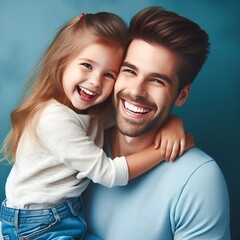 Happy Fathers Day banner background with a young dad and little daughter hugging and laughing