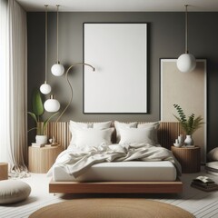 Bedroom sets have template mockup poster empty white with Bedroom interior and a framed picture art photo photo card design.
