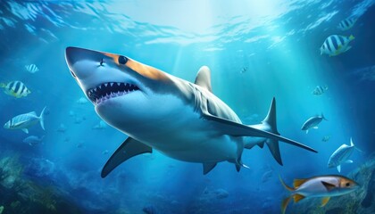 Obraz premium Great white shark in the ocean, portrait of White shark hunting prey in the underwater