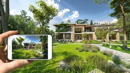 Close-up view of a unusual 3D illustration of a beautiful house on a smartphone in hand. Smartphone application for online search, purchase, sale and booking of real estate.