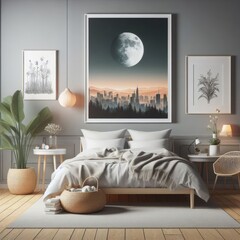 Bedroom sets have template mockup poster empty white with Bedroom interior and a picture on the wall image art realistic photo card design.
