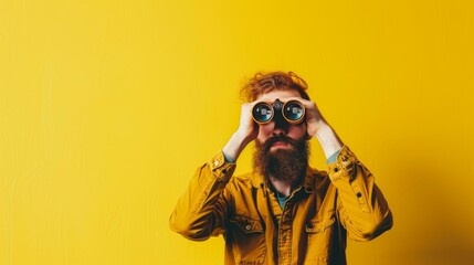 Man with binoculars on yellow backdrop, exploring and discovering, Ai Generated