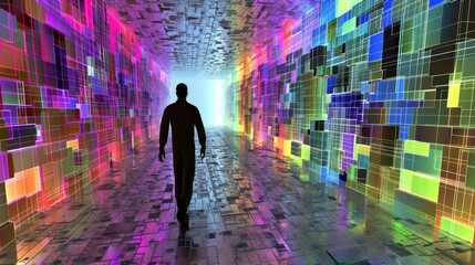 Description Human silhouette wanders in a cubefilled digital realm, symbolizing digital addiction, Ai Generated