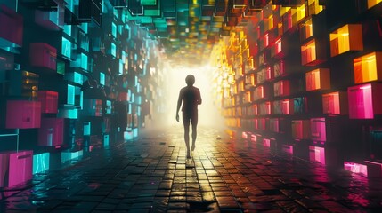 Description Human silhouette wanders in a cubefilled digital realm, symbolizing digital addiction, Ai Generated