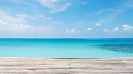 Fototapeta premium Wooden Dock Basks in Warm Sunlight against Clear Blue Sky