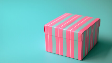 A small packing box adorned with vibrant pink stripes, set against a trendy aqua background, ready to make a statement upon arrival - Powered by Adobe