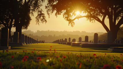 A solemn moment of reflection at a military cemetery on Memorial Day, with visitors honoring the memory of fallen soldiers with silent prayers and tributes