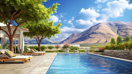 Fototapeta premium Luxurious villa in a picturesque secluded location. Bright country house in Mediterranean style. Terrace and small swimming pool near a country house in a hilly, sunny area.