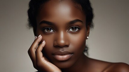 A strikingly radiant portrait of a young African American girl, her flawless ebony skin glowing with health and beauty.