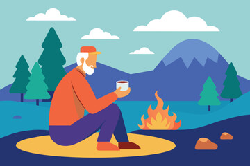 Senior camper drinking tea at pond. Autumn landscape, bonfire, camping flat vector illustration. Adventure tourism, outdoor travel, hiking concept for banner, website design