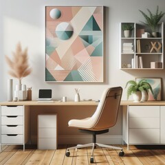 A desk with a chair and a painting on the wall image has illustrative meaning has illustrative meaning.