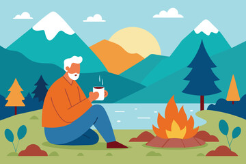 Senior camper drinking tea at pond. Autumn landscape, bonfire, camping flat vector illustration. Adventure tourism, outdoor travel, hiking concept for banner, website design