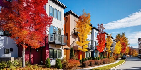 The colorful houses are in a row. The onset of autumn. Autumn landscape.
