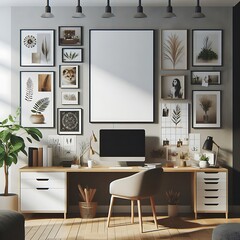 A desk with a computer and a chair in front of a wall with pictures image used for printing card design.