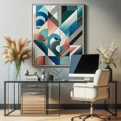 A desk with a computer and a painting on the wall image art art photo lively.