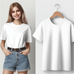 A woman wearing a white t shirt mockup image realistic attractive.