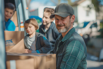 A delivery man with a beard is delivering a box to a family.