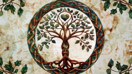 A vibrant portrayal of the Tree of Life adorned with lush leaves and a heartfelt design reminiscent of the ancient World Tree Yggdrasil from Celtic and Norse mythology This captivating imag