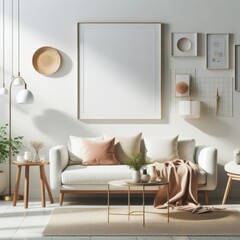 A living room with a template mockup poster empty white and with a couch and a picture frame image art realistic harmony.