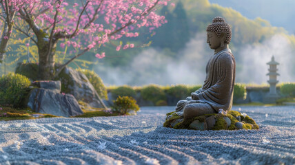Serene Buddha Statue in Japanese Zen Garden at Dawn
