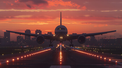 A large jetliner taking off from an airport runway at